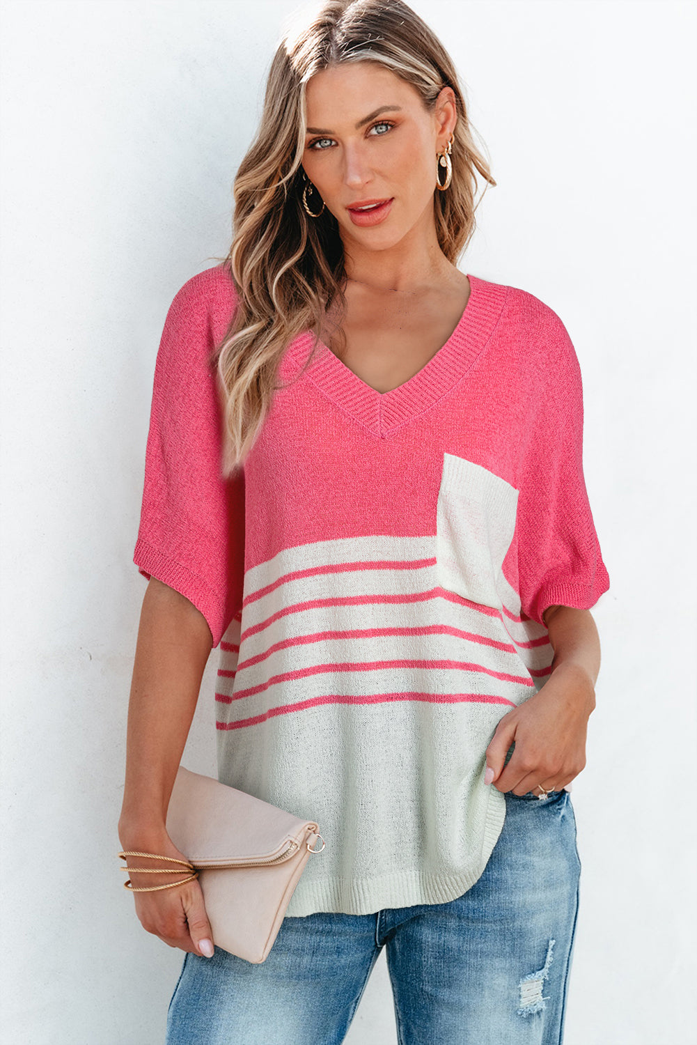 Contrast Stripes V Neck Knitted Short Sleeve Top | Strawberry Pink