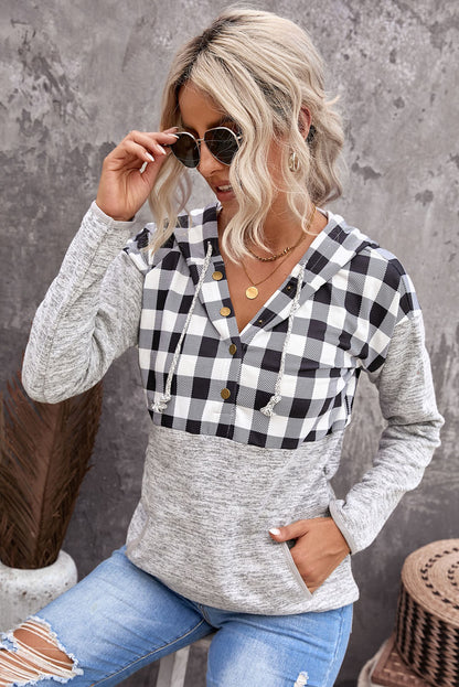 Plaid Splicing Pocketed Hoodie | Black