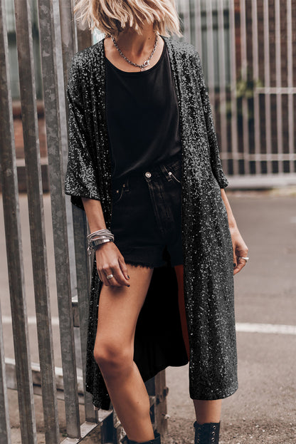 Black Sequin 3/4 Sleeve Open Front Duster Kimono