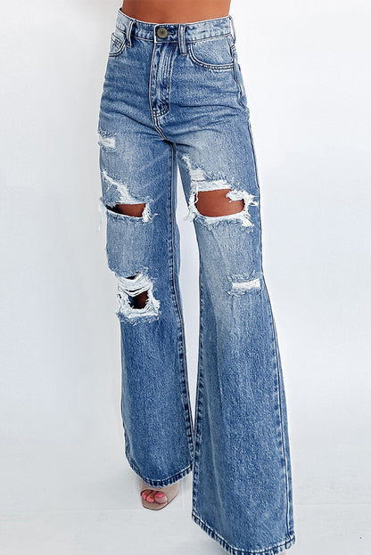 Acid Wash Distressed Wide Leg High Waist Jeans | Ashleigh Blue