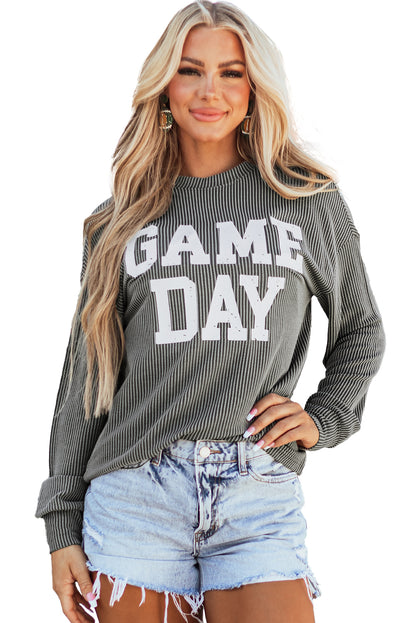 Corded Game Day Graphic Long Sleeve Crewneck Top | Dark Grey