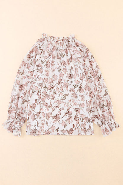 Boho Floral Print Split V Neck Bubble Sleeve Blouse | Pink