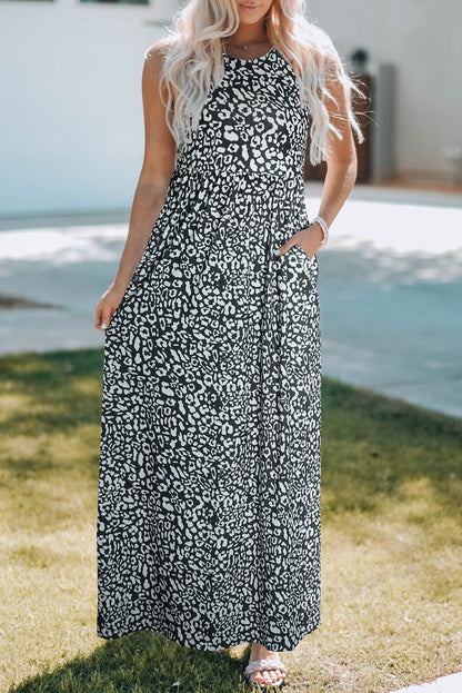 Leopard Print Pocketed Sleeveless Maxi Dress | Gray