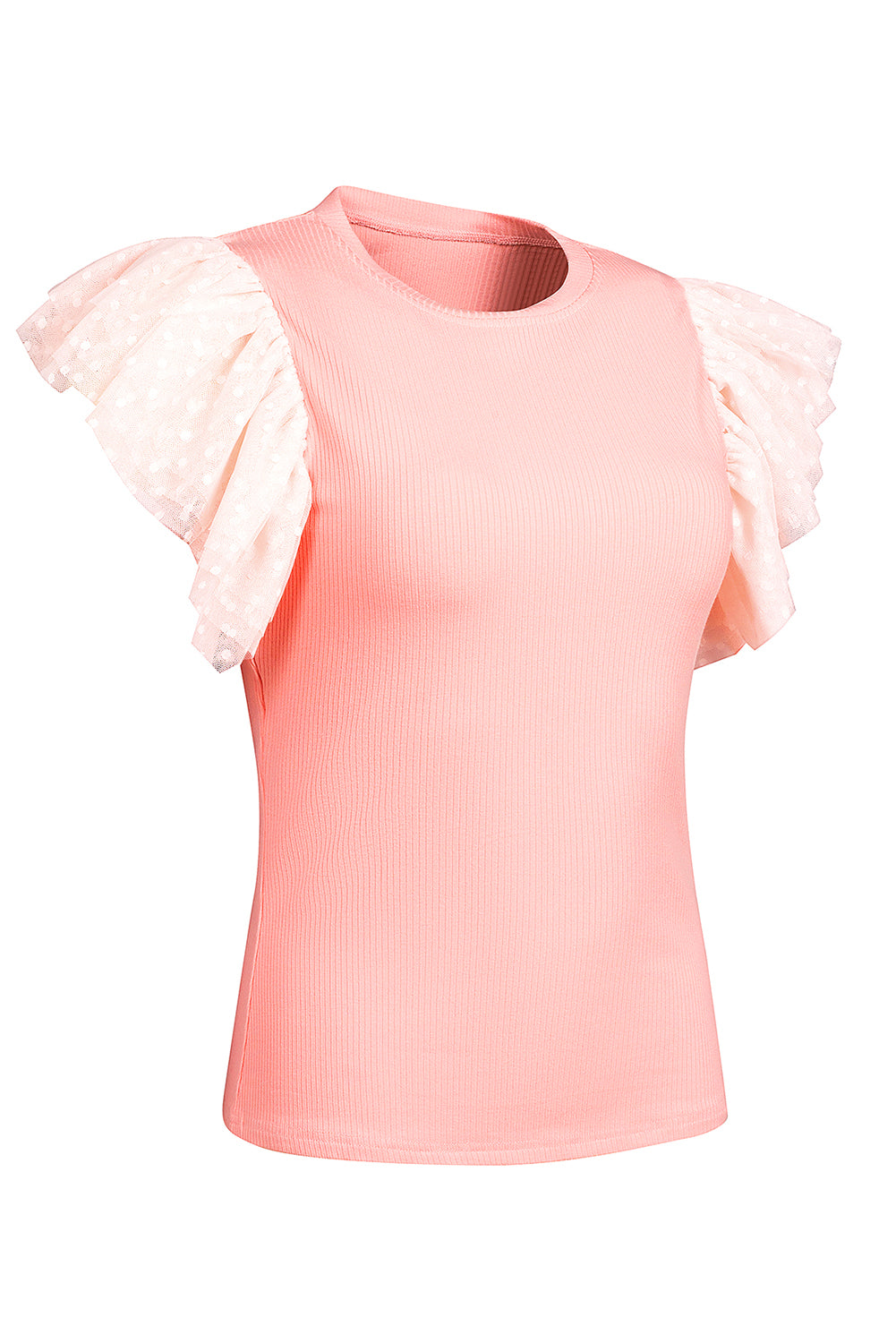 Dotty Mesh Ruffle Sleeve Ribbed Knit Top | Pink