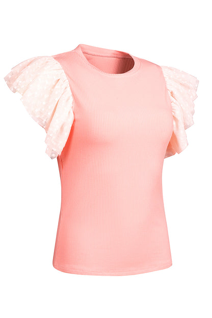 Dotty Mesh Ruffle Sleeve Ribbed Knit Top | Pink