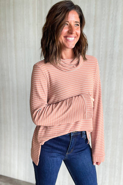 Cowl Neck Side Slits Loose Fit Long Sleeve Top | Pink Stripe