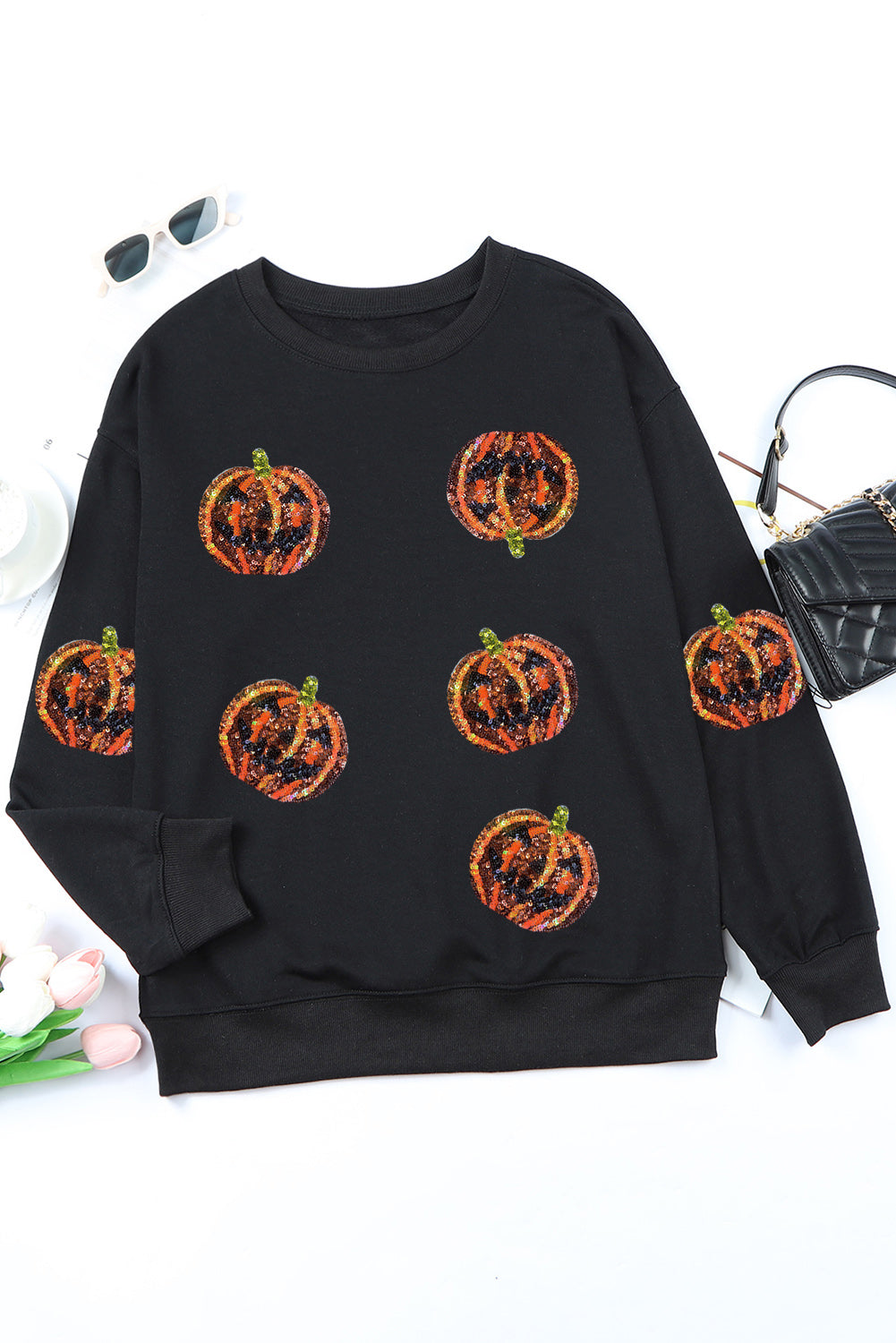 Sequin Halloween Pumpkin Graphic Pullover Sweatshirt | Black