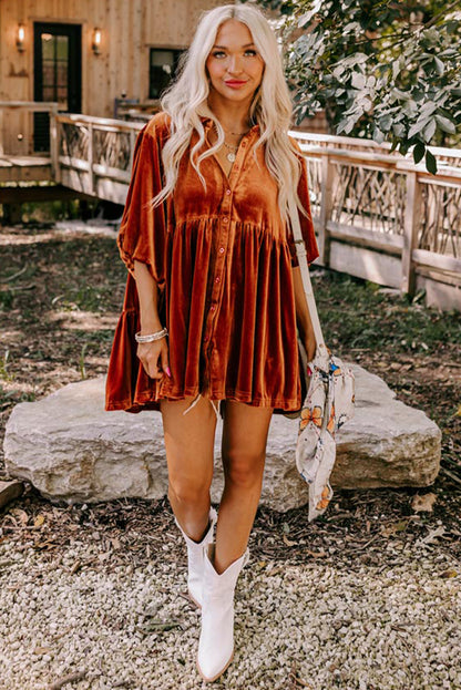 3/4 Sleeve Tunic Babydoll Velvet Shirt | Chestnut