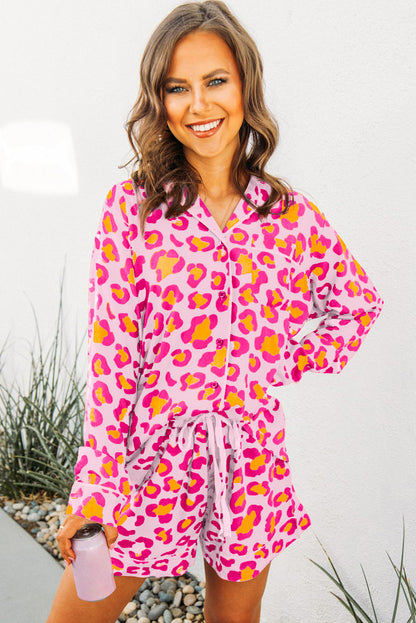 Leopard Print Long Sleeve Shirt And Shorts Pajama Set | Pink