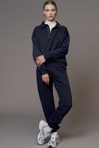 Fold Down Collar Pullover And Joggers Tracksuit | Navy Blue