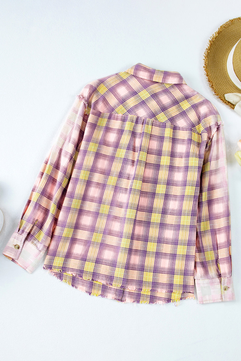 Bleached Plaid Print Exposed Seam Shirt | Purple