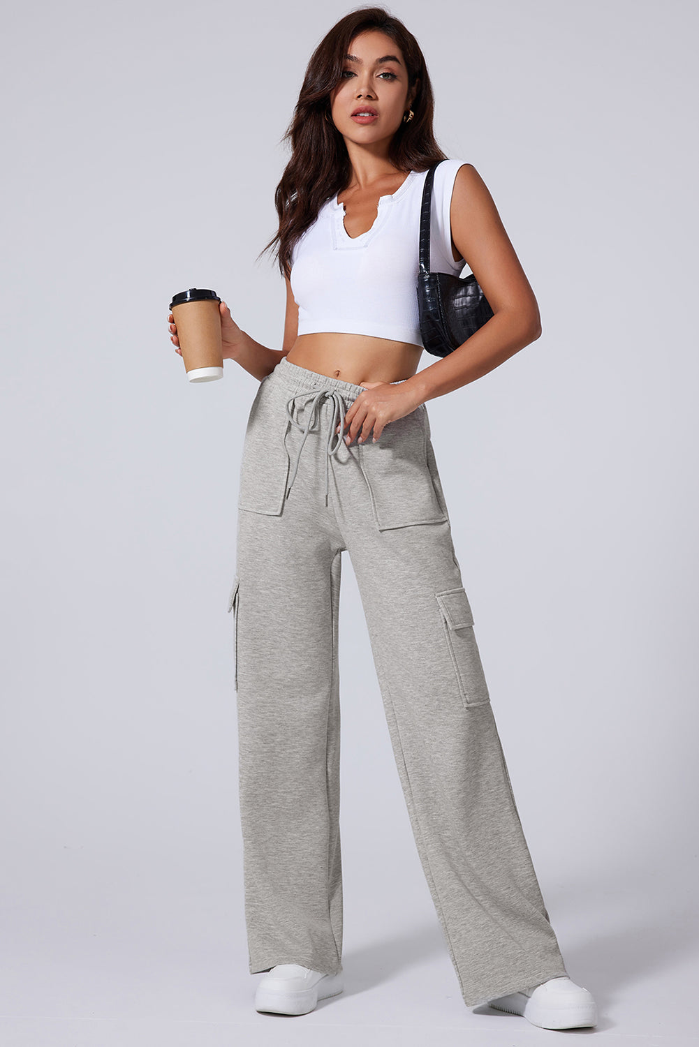 Multi Pockets Lace-Up High Waist Wide Leg Workout Pants | Light Grey