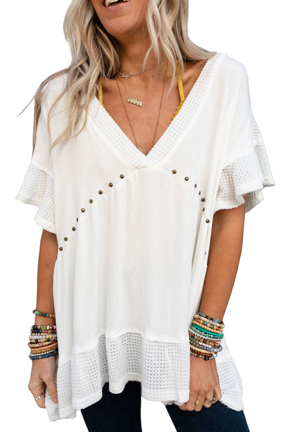 Contrast Knit Splicing V Neck Studded Blouse | White