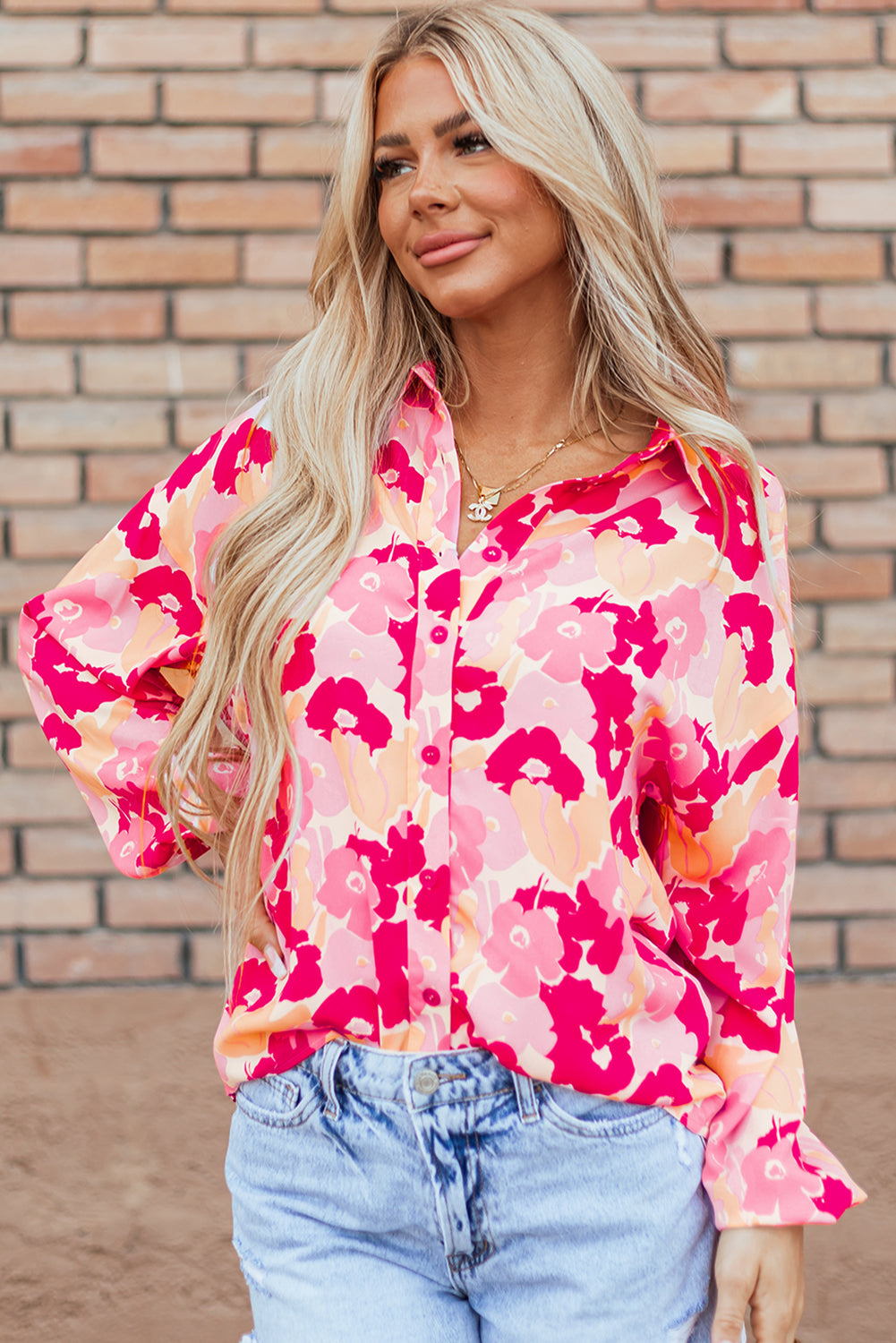 Blooming Floral Print Puff Sleeve Buttoned Shirt | Pink