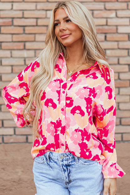 Blooming Floral Print Puff Sleeve Buttoned Shirt | Pink