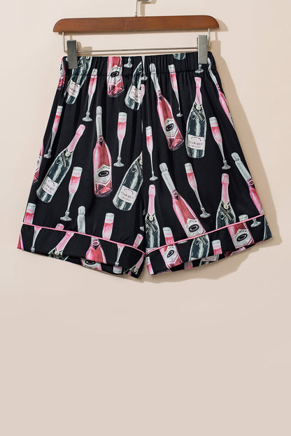 Champagne Print Silky Short Sleeve Pajamas Set | Black