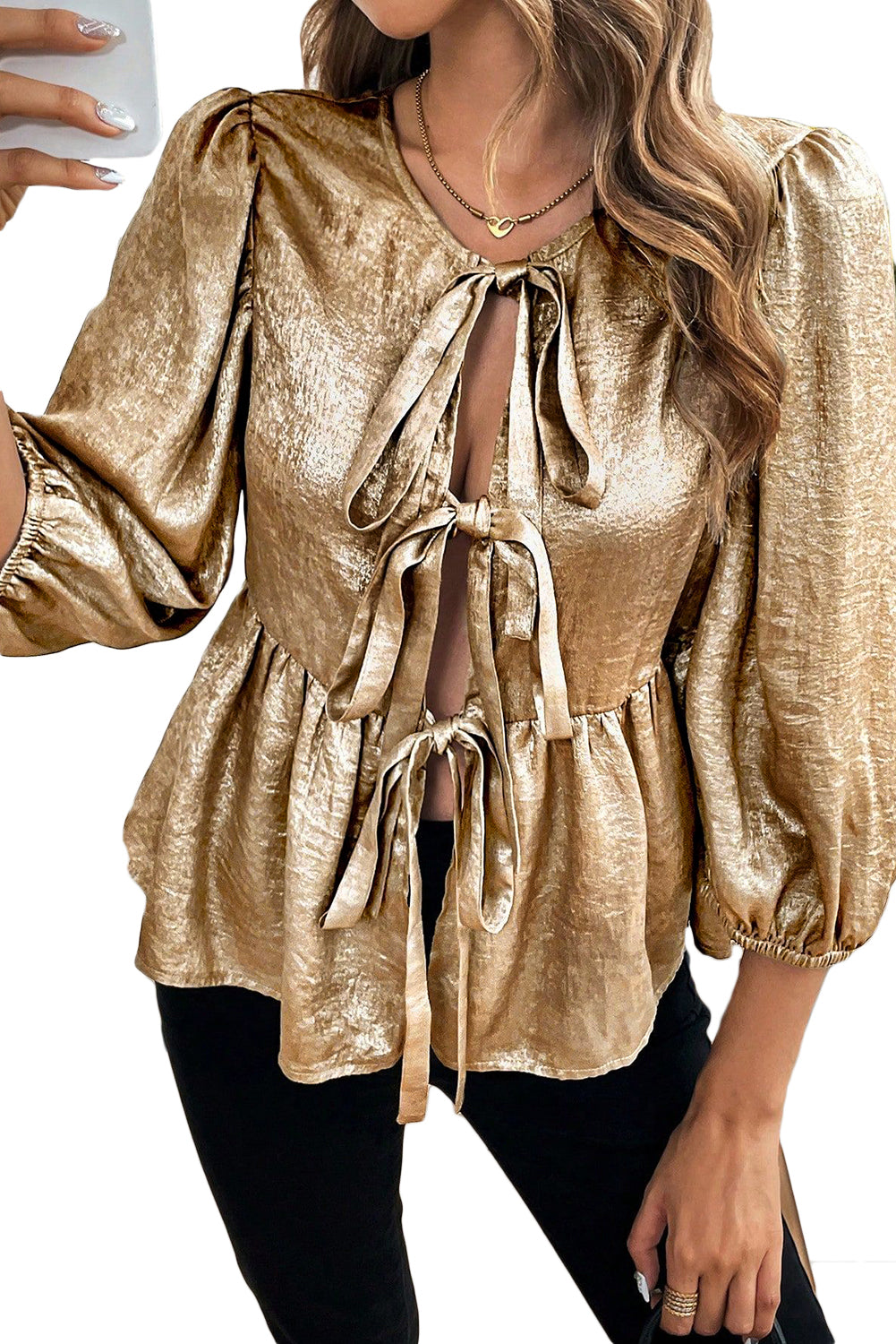 Bow Tie Front Puff 3/4 Sleeve Ruffle Hem Blouse | Gold