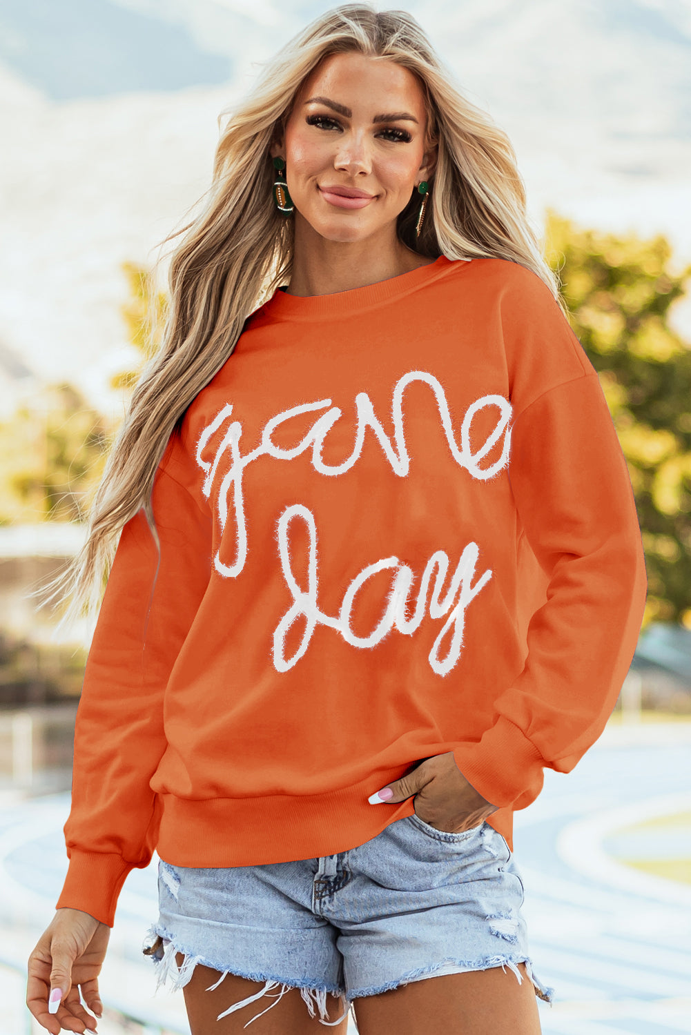 Russet Orange Tinsel Game Day Drop Shoulder Graphic Sweatshirt