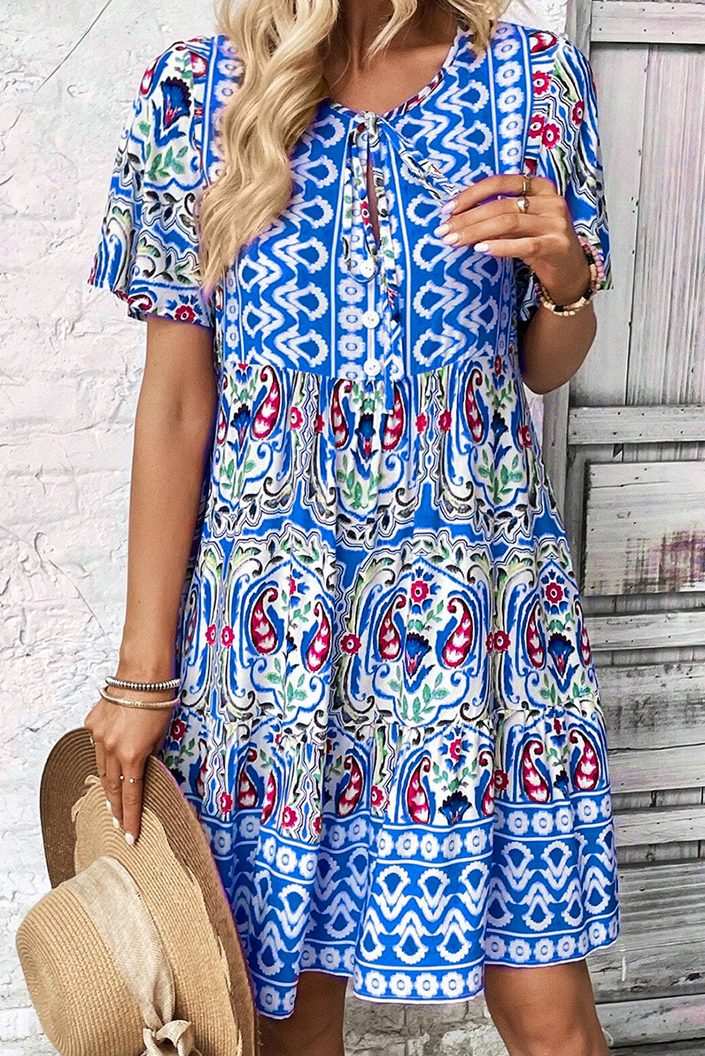 Bohemian Print Tie Neck Ruffle Hem Short Dress | Sky Blue