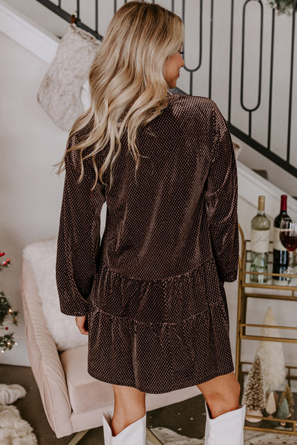 Textured Velvet V Neck Shift Dress | Dark Brown