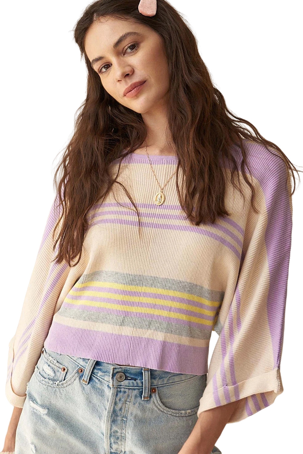 Borderline Rib Knit Cuffed Dolman Sleeve Sweater | Purple Stripe