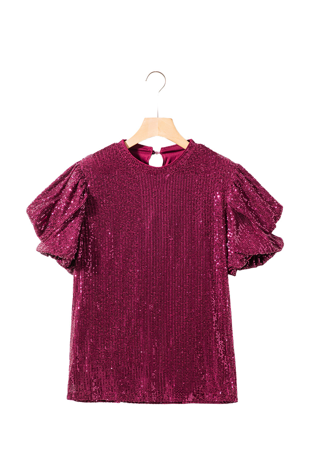 Glittering Sequin Short Bubble Sleeve Blouse | Burgundy