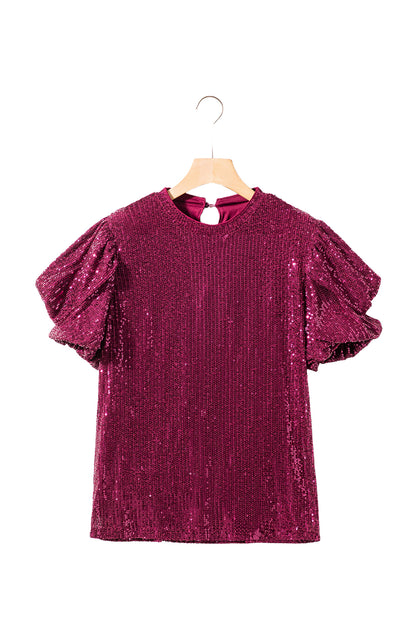 Glittering Sequin Short Bubble Sleeve Blouse | Burgundy