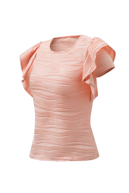 Wavy Textured Ruffle Sleeve Top | Apricot Pink