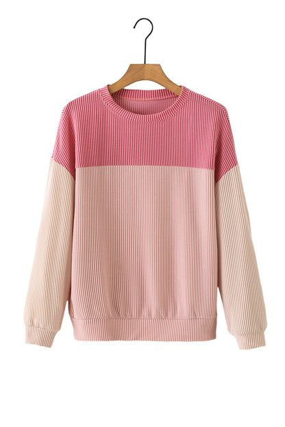 Colour Block Long Sleeve Ribbed Loose Top | Pink