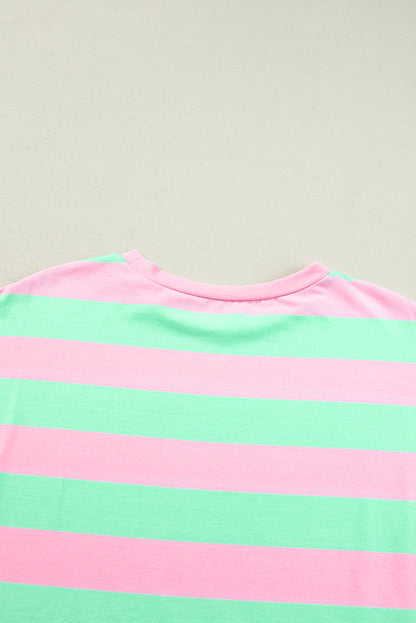 Colourblock Cuffed Sleeve Loose Tee | Pink Stripe