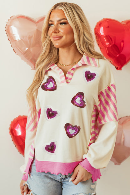 Patchwork Sequin Heart Pattern Long Sleeve Collared Split Top | Pink Stripe