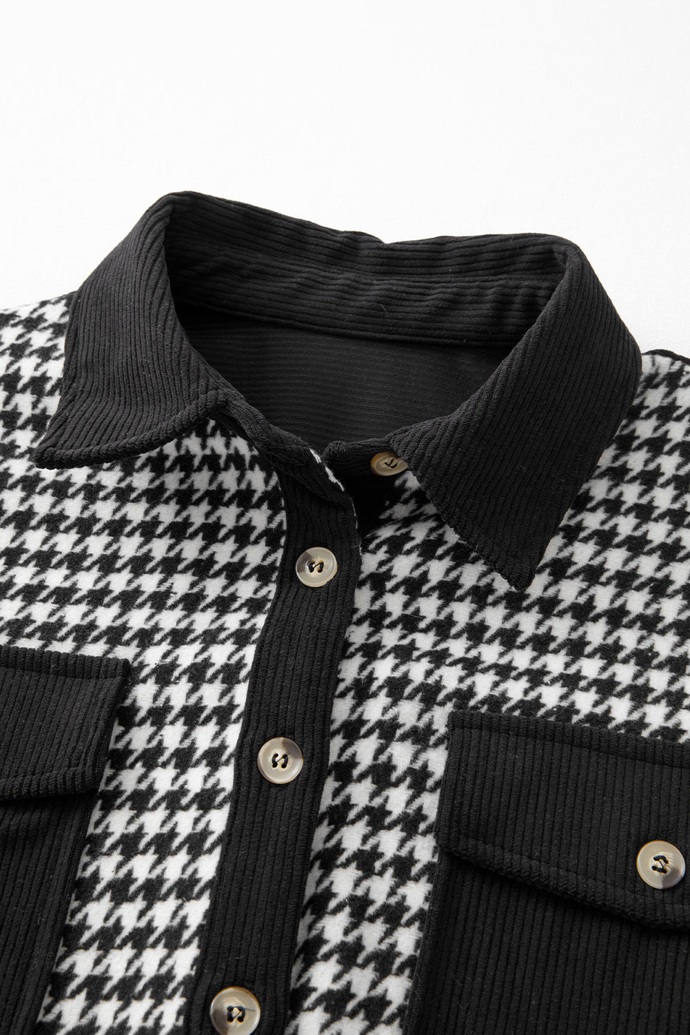 Houndstooth Corduroy Patchwork Flap Pocket Shacket | Black