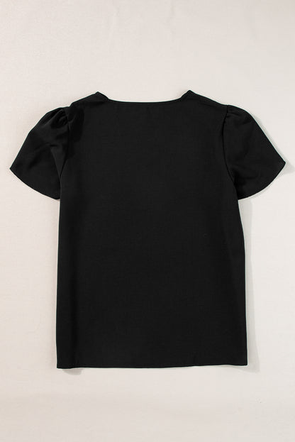 Scalloped V Neckline Petal Sleeve Top | Black