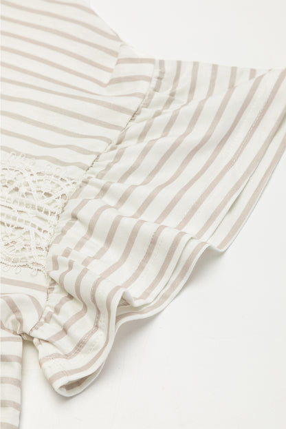 Striped Lace Splicing Ruffle Sleeve T-Shirt | Apricot