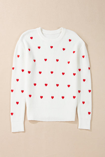 Heart Shape Drop Shoulder Round Neck Sweater | White