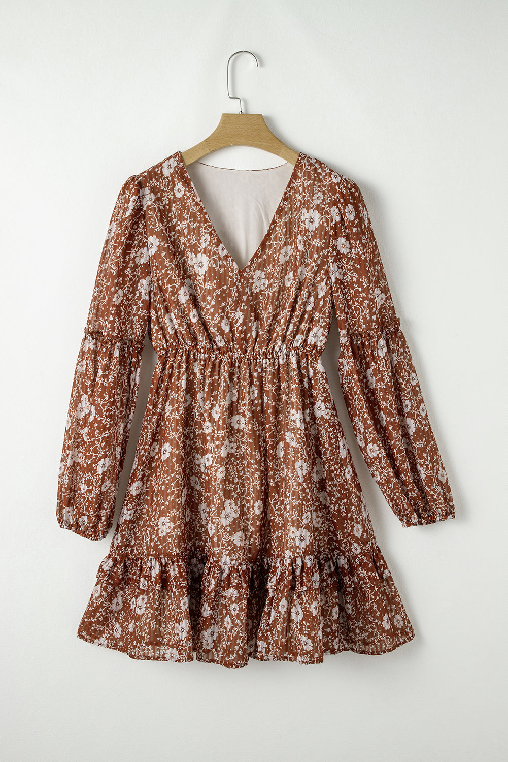 Boho Floral Ruffled Puff Sleeve V Neck Mini Dress | Brown