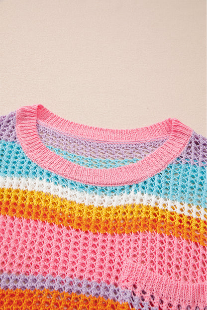 Plus Size Open Knit Patch Pocket Short Sleeve Sweater | Pink Stripe