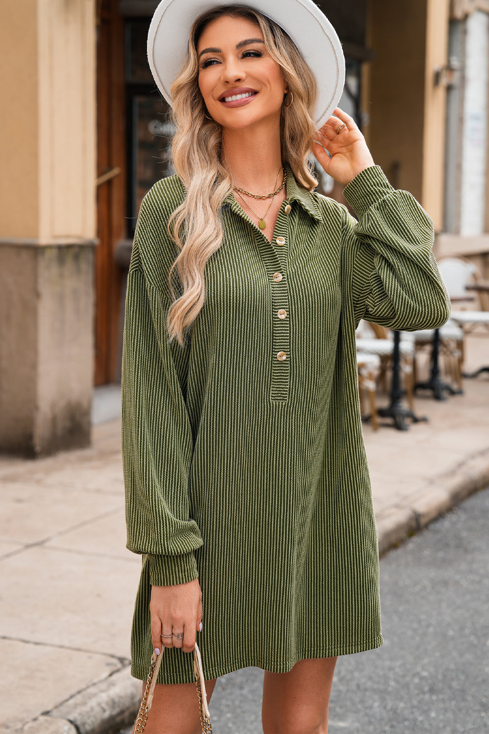 Corded Buttons Placket Drop Shoulder Collared Shift Dress | Moss Green