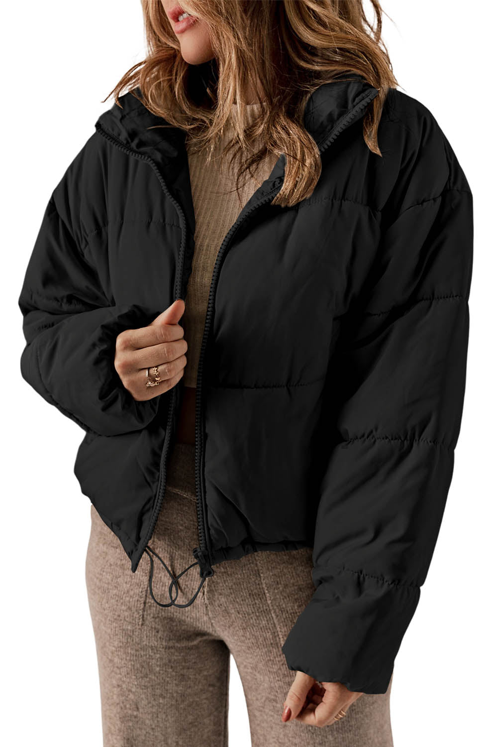 Zip Up Drawstring Hem Puffer Jackets | Black