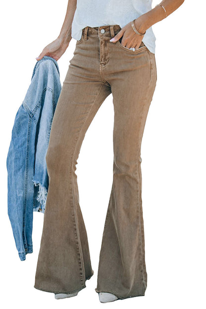 Raw Hem High Waist Flare Jeans | Khaki