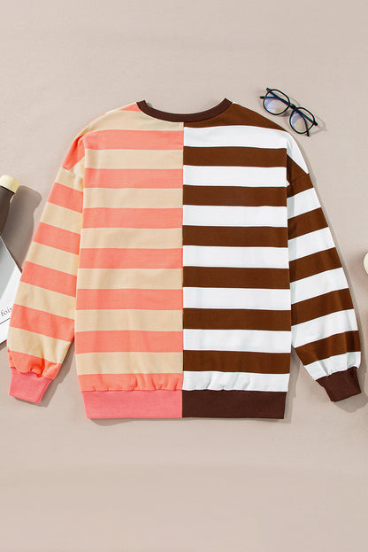 Colour Block Drop Shoulder Pullover Sweatshirt | Brown Stripe