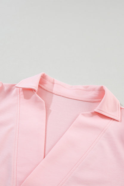 Collared V Neck Puff Sleeve T-Shirt | Pink