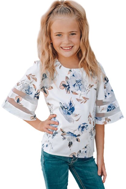 Girl'S 3/4 Bell Sleeve Mesh Panel Blouse | White