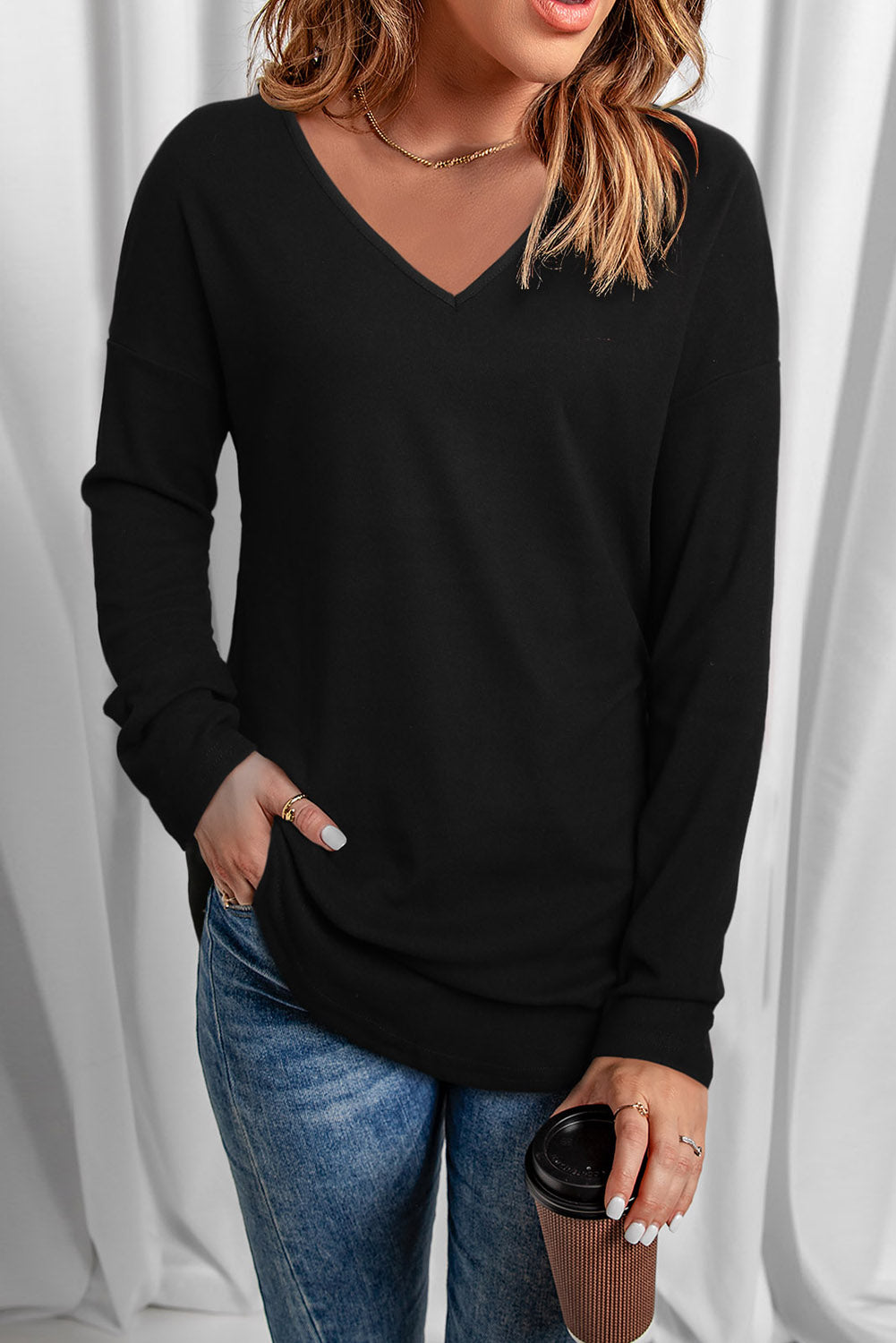 Black Solid Color V Neck Long Sleeve Knit Top