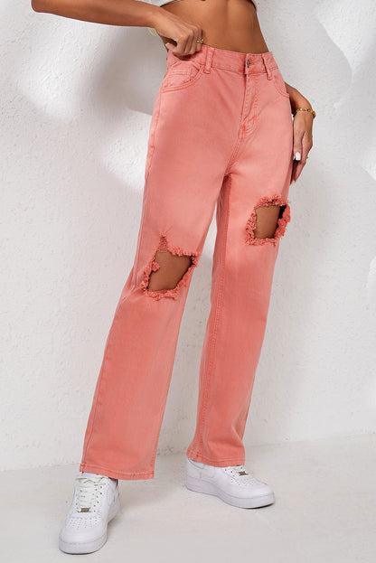 High Waist Ripped Straight Leg Pocket Jeans | Pink