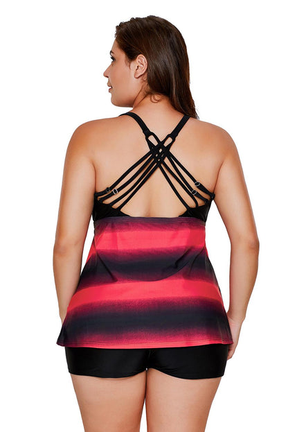 Rosy Strappy Hollow-Out Back Plus Size Tankini | as shown