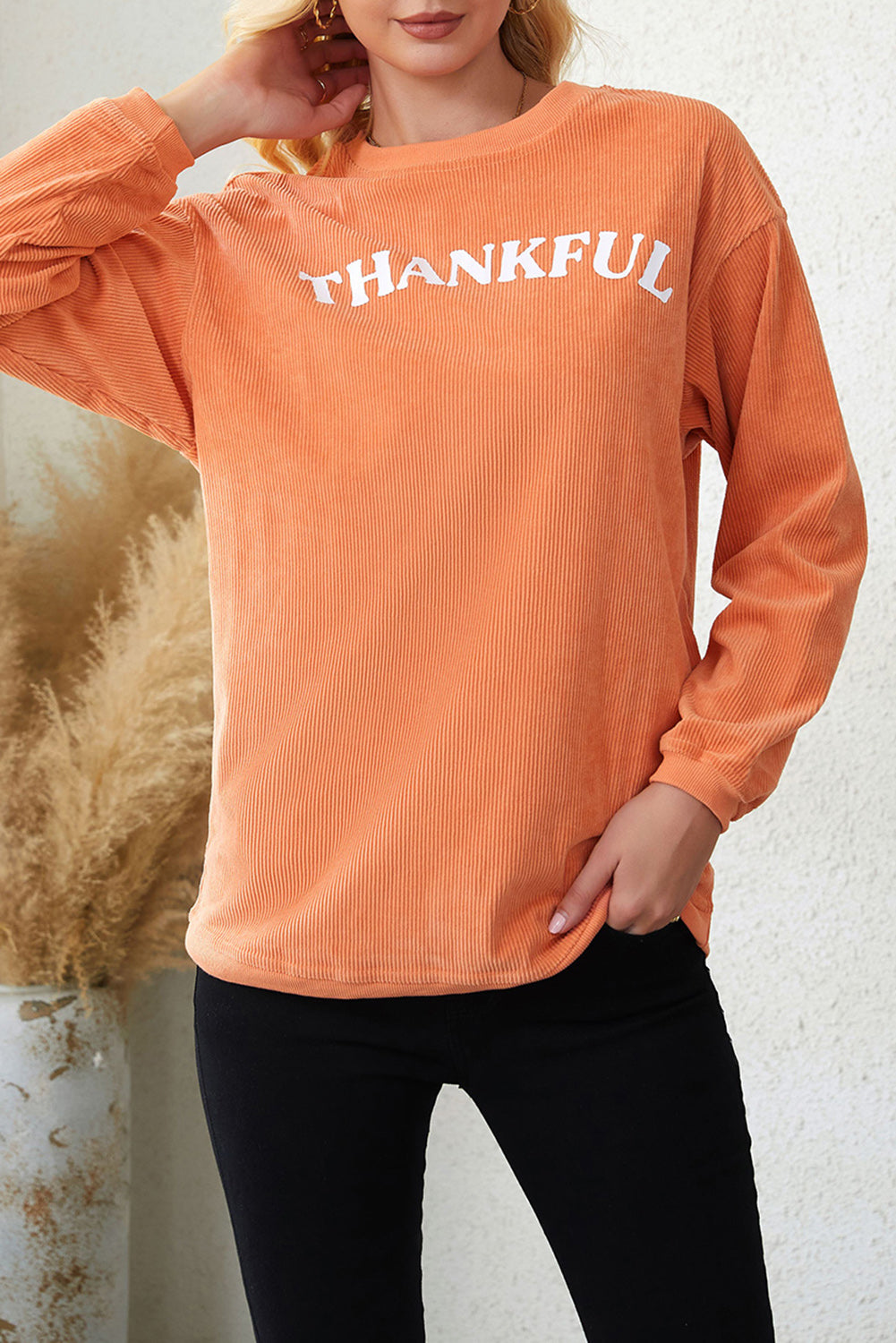 Thankful Ribbed Corduroy Oversized Sweatshirt | Orange