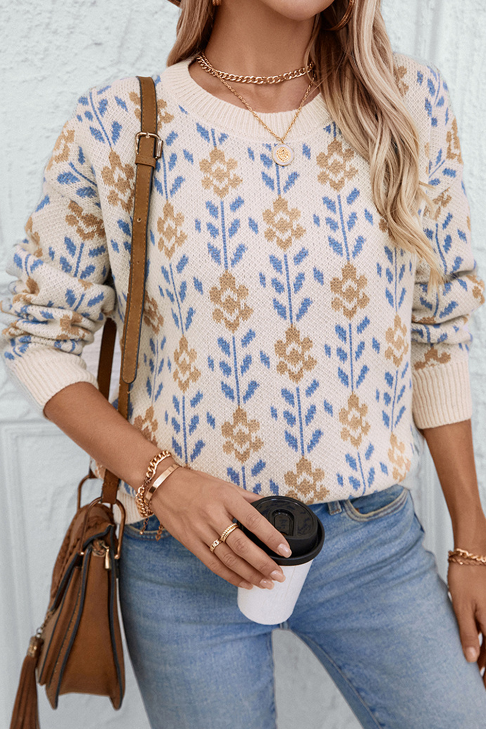 Floral Pattern Crew Neck Sweater | Apricot