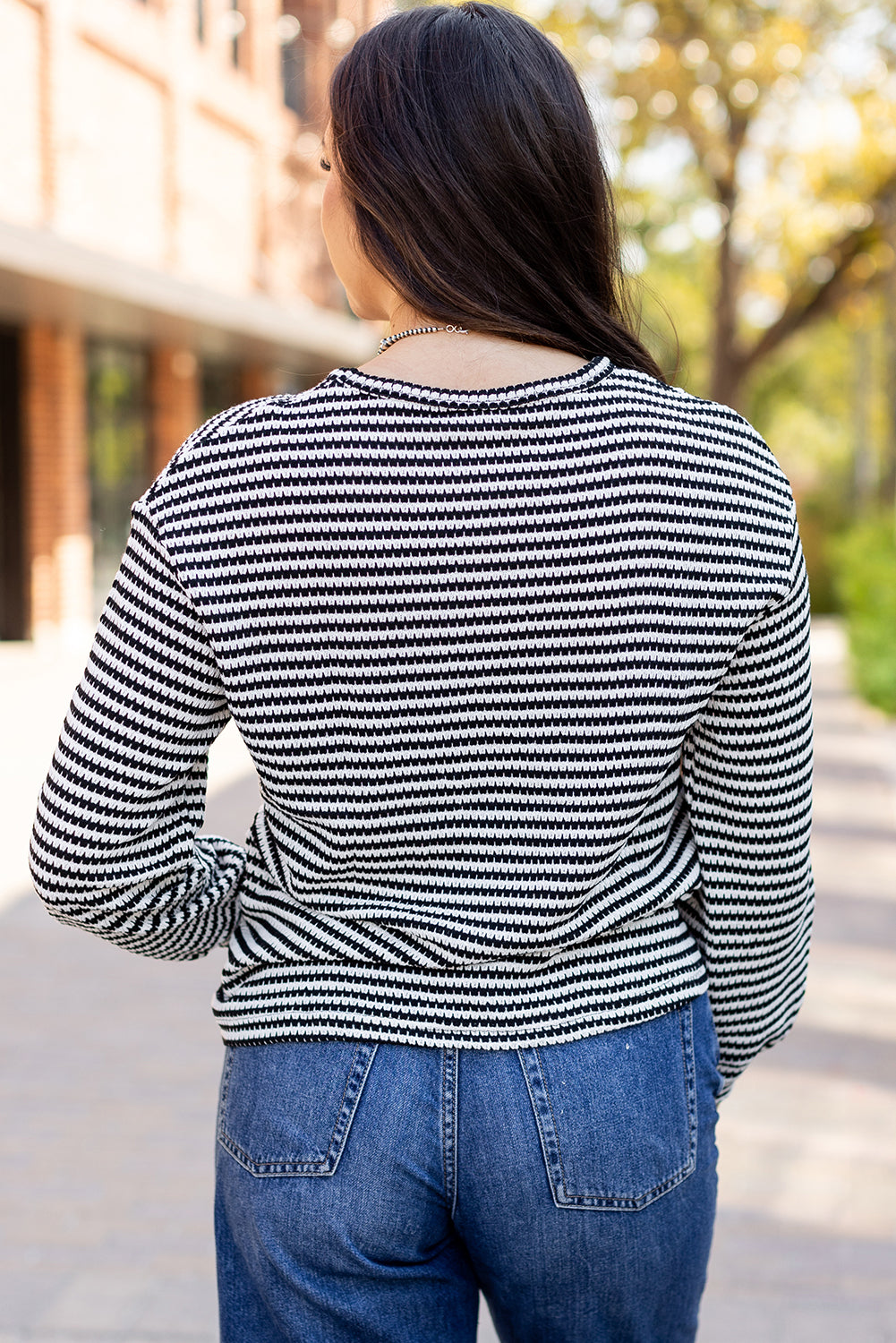 Round Neck Drop Shoulder Long Sleeve Top | Black Stripe