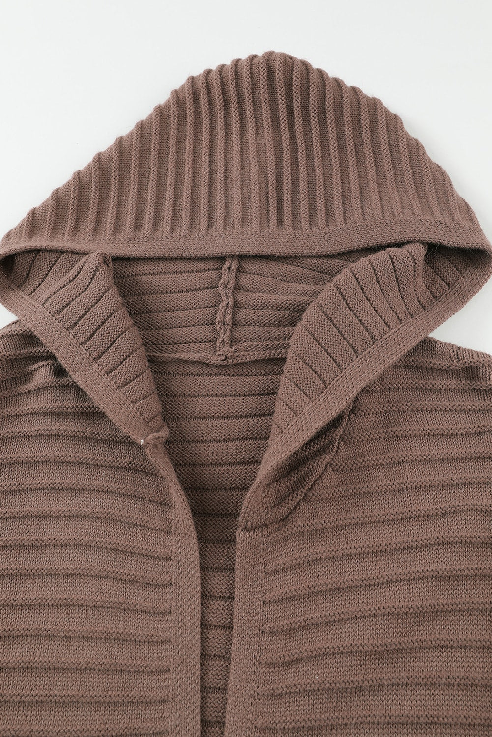 Horizontal Rib Knitted Open Front Hooded Cardigan | Brown